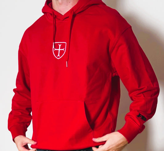 Manchester red hoody with triple logos.