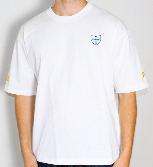 White t-shirt with a blue logo on a plain background