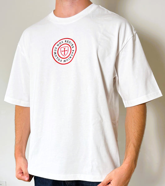 White t-shirt with a red logo worn by a person against a plain background