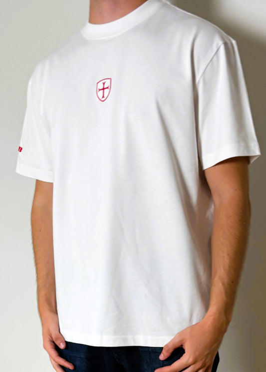 White heavy cotton t-shirt with a red patriot logo 