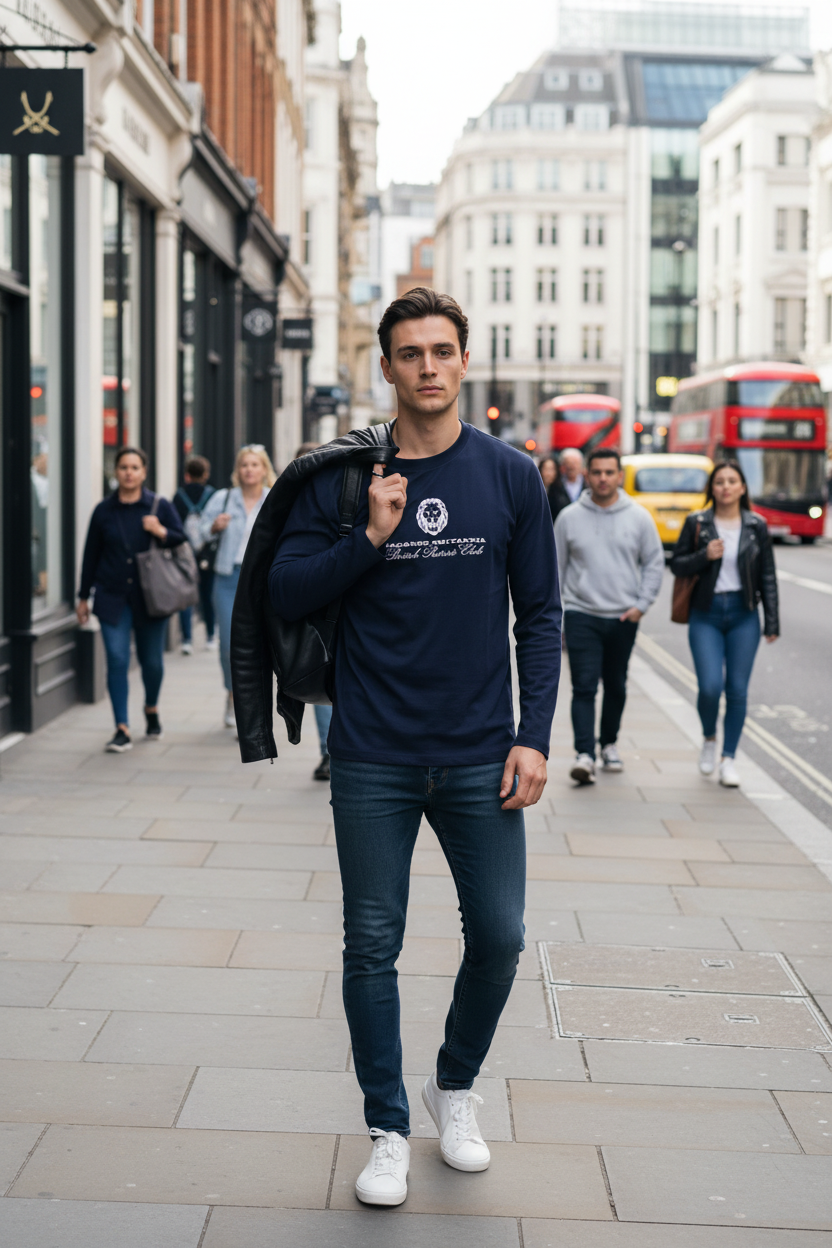 Model wearing British Patriots Club navy blue long-sleeved t-shirt on busy street