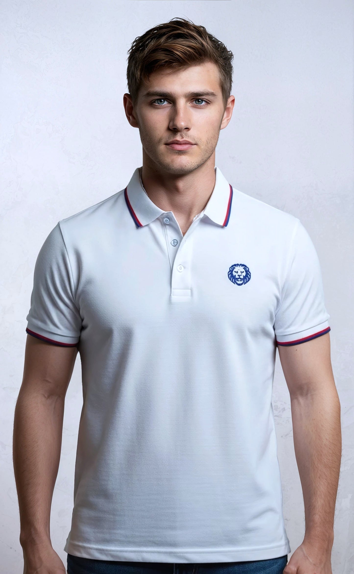 230 gsm white polo shirt with blue lion embroidery logo. Paganus Britannia