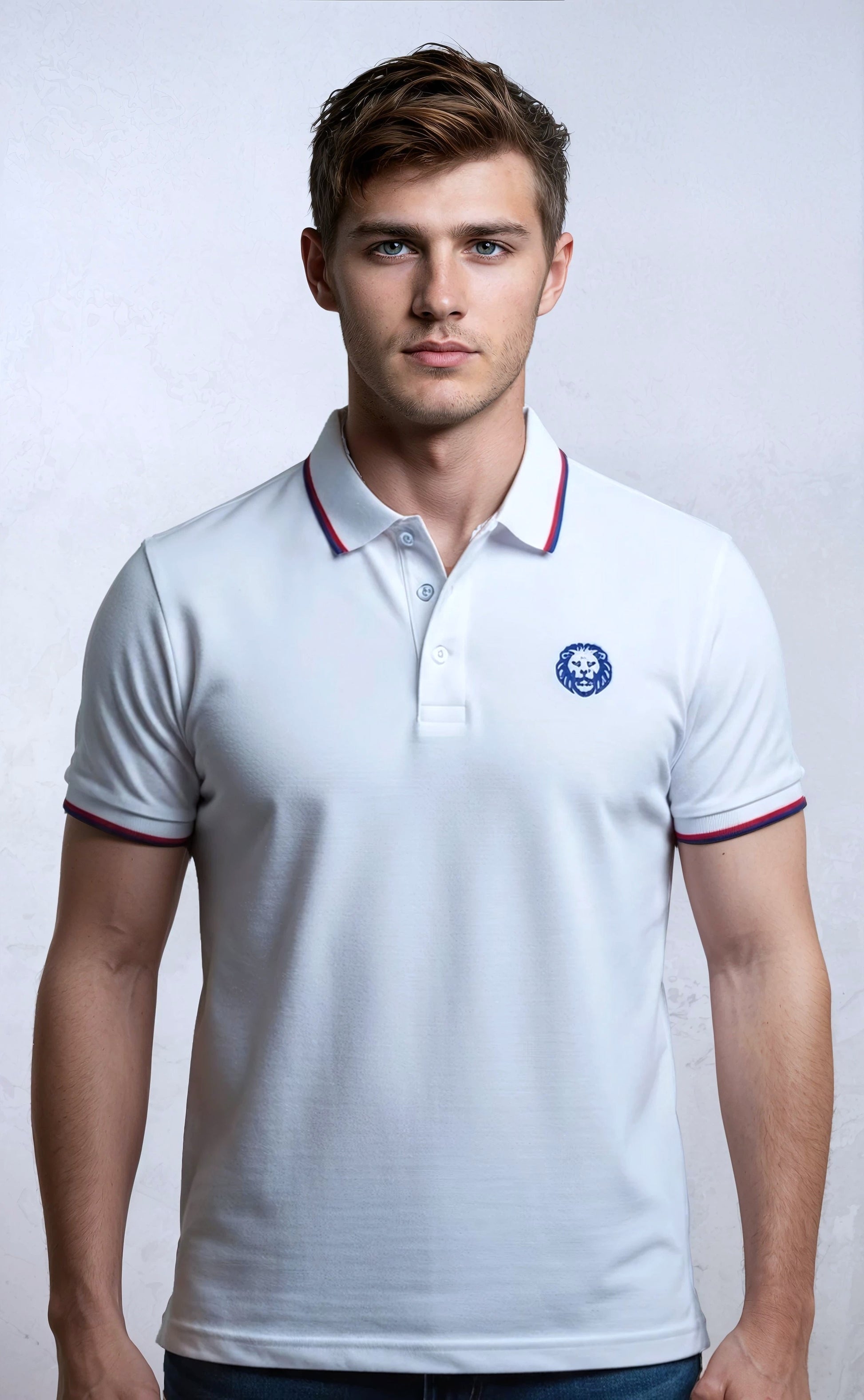230 gsm white polo shirt with blue lion embroidery logo. Paganus Britannia