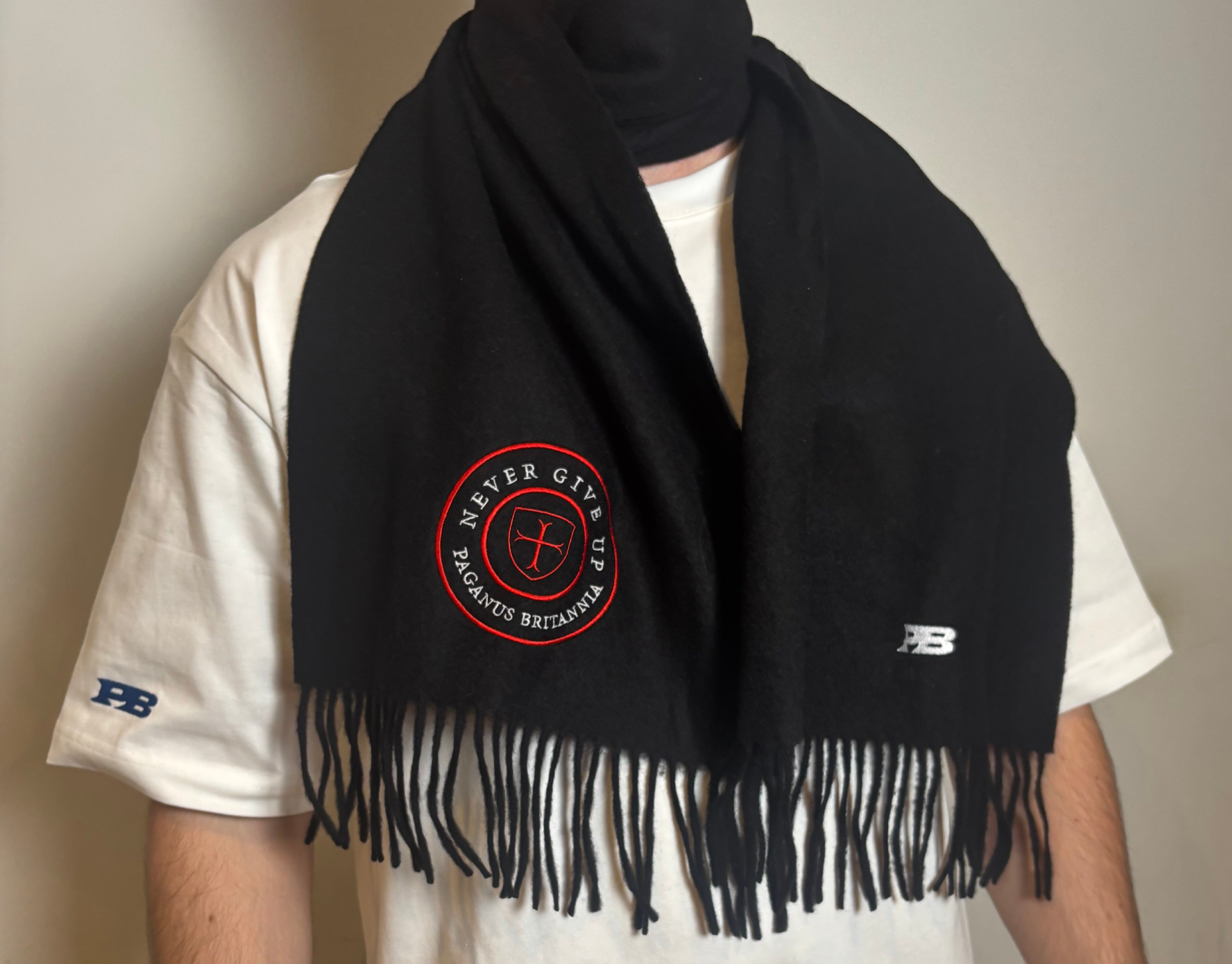 Never Give up collection. 100% lambs wool black scarf. Paganus Britannia
