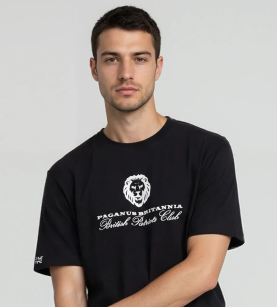 British Patriots Club. Black 280 gsm organic combed cotton t-shirt.