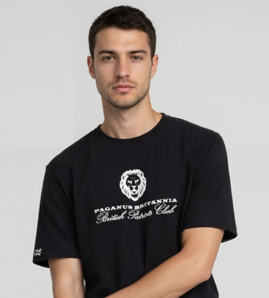 British Patriots Club. Black 280 gsm organic combed cotton t-shirt.