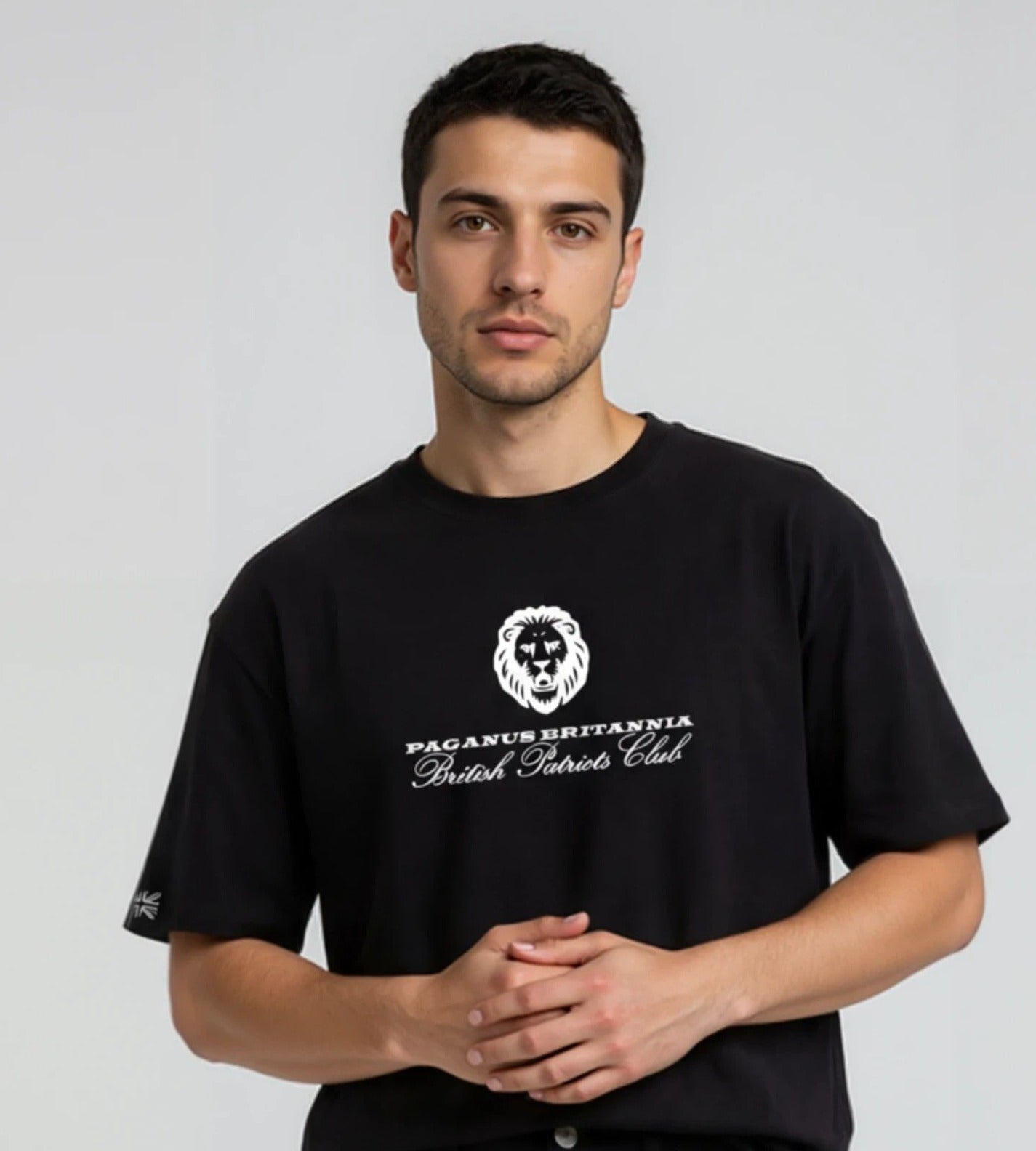British Patriots Club. Black 280 gsm organic combed cotton t-shirt.