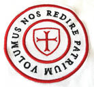 Paganus 280 gsm white t-shirt with a red logo. volumus nos patrium redire