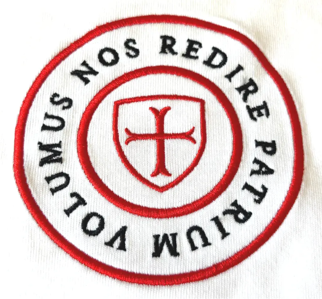 Circular emblem with a red cross and Latin text on a white background