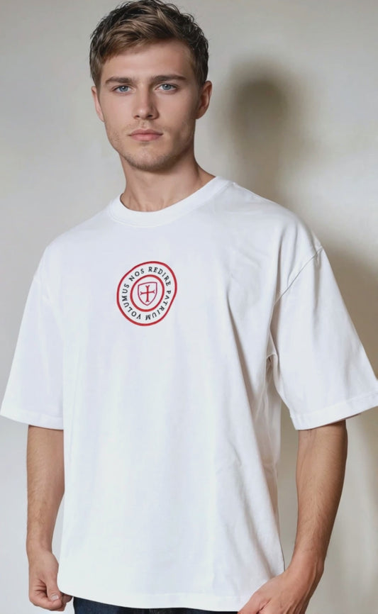 Latin text: We want our country back. 280gsm combed cotton t-shirt.