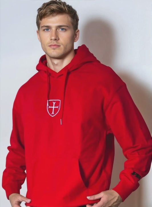 Heavy red hoodie with triple logos.