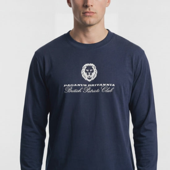 Model wearing blue long sleeved Paganus Britannia British Patriots Club 