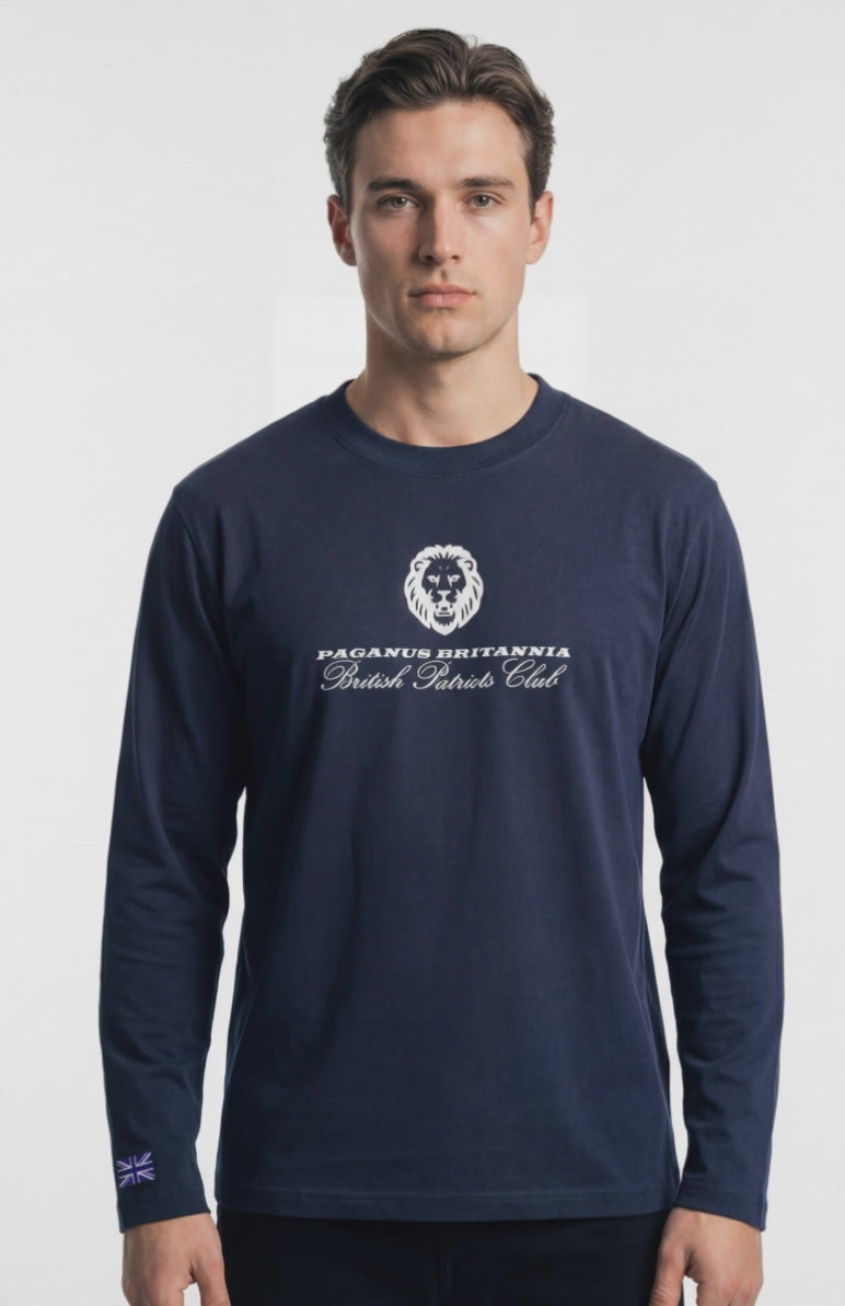 Model wearing blue long sleeved Paganus Britannia British Patriots Club 