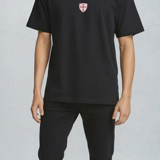 Paganus 260gsm  black t-shirt with a red and white patriot shield 