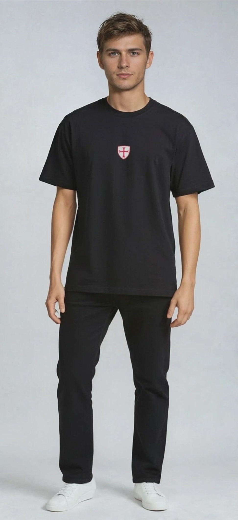 Paganus 260gsm  black t-shirt with a red and white patriot shield 