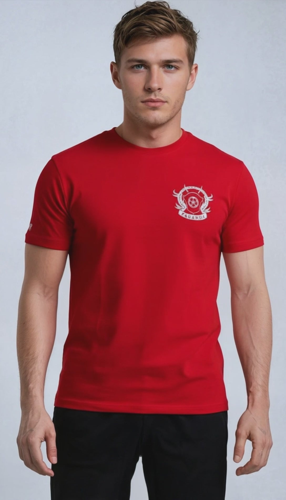 Paganus 260gsm red t-shirt with a white logo