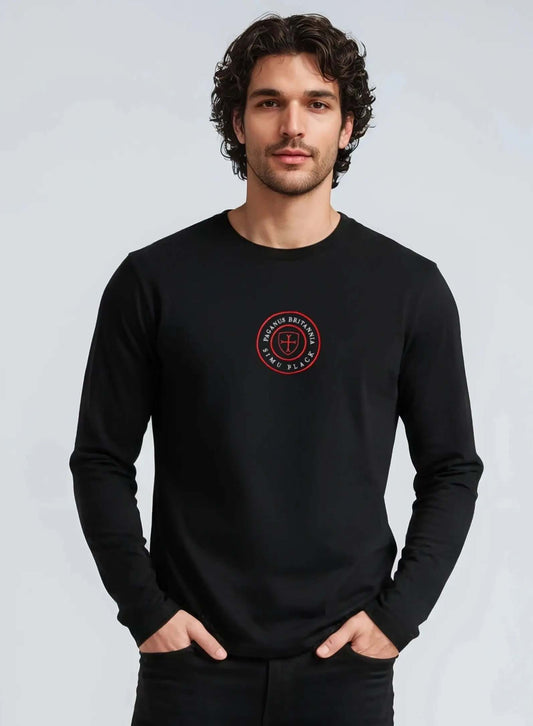 Man wearing a black Paganus Britannia long-sleeve t-shirt 