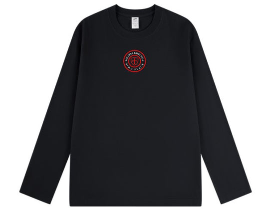 Black Paganus long-sleeve shirt with a red and white SIMU FLACK l