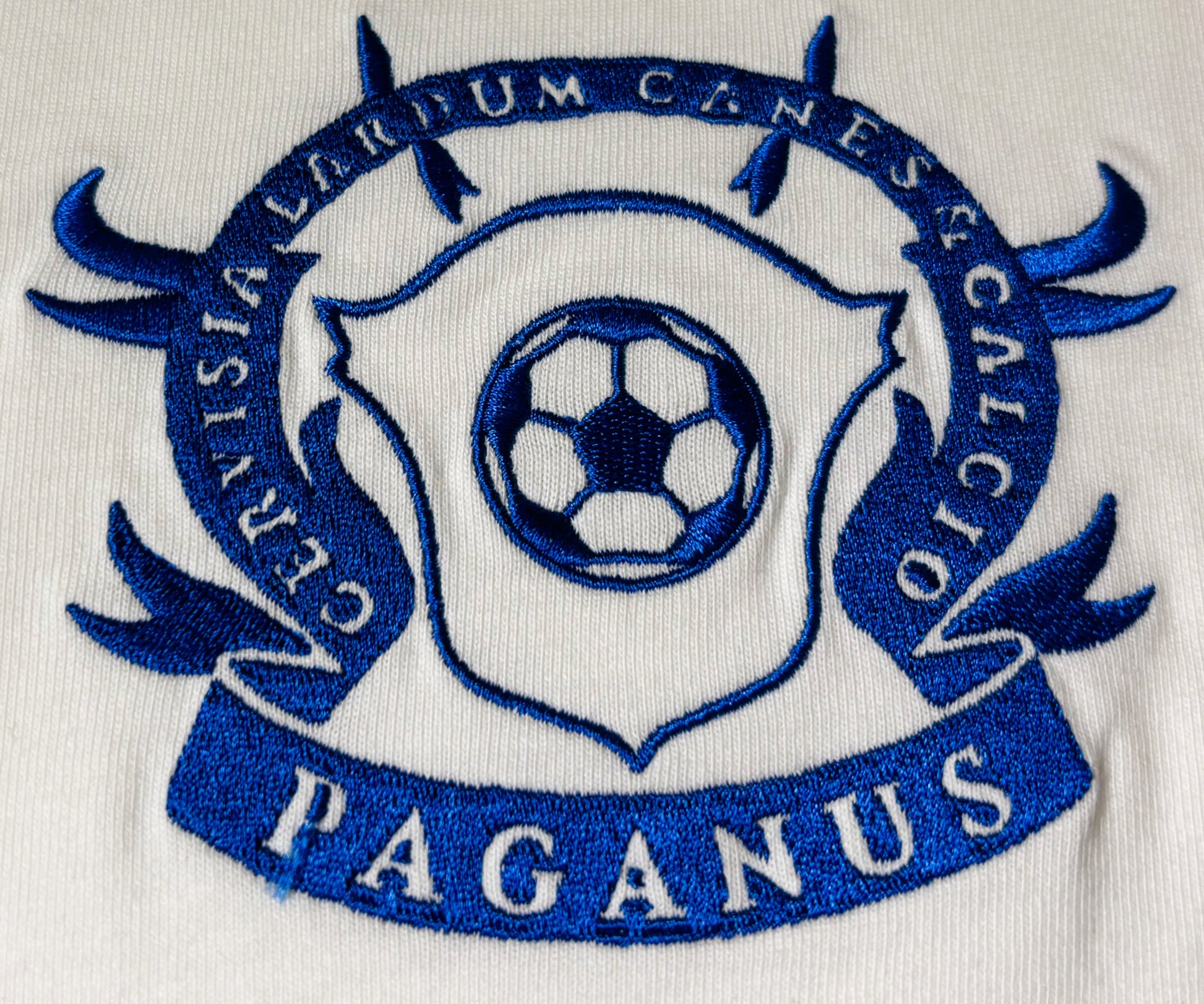 Man wearing a white 280 gsm t-shirt with a blue logo 
