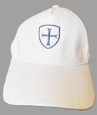 White baseball cap with blue land yellow logo