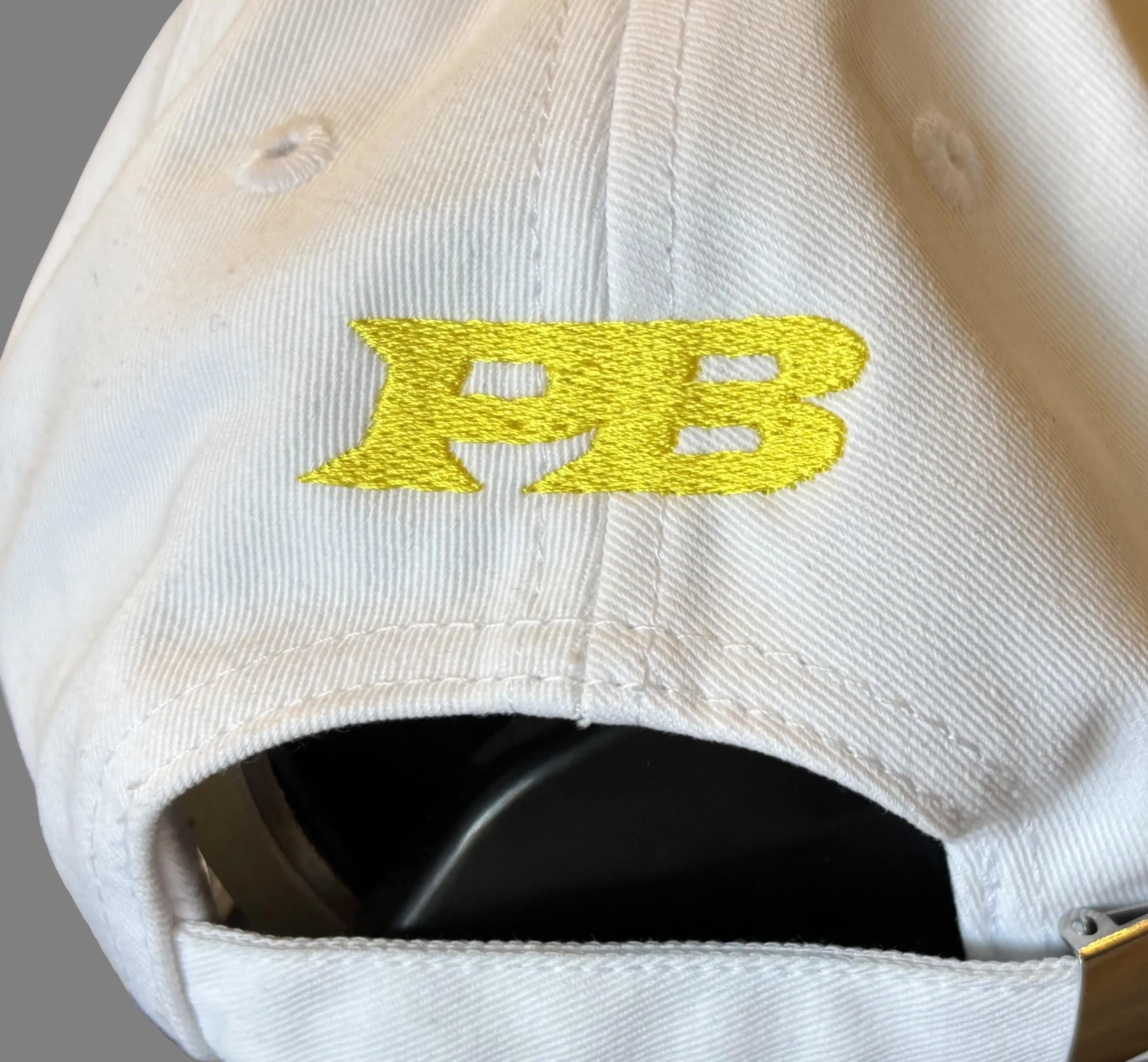 White baseball cap with blue and yellow logo