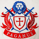 Paganus 280gsm combed cotton white t-shirt with a red and blue Patriot logo. Latin text Volumus nos patrium redire