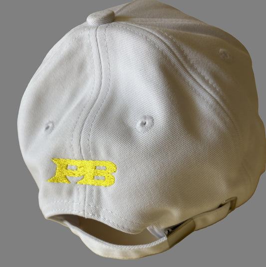 White baseball cap with blue and yellow logo