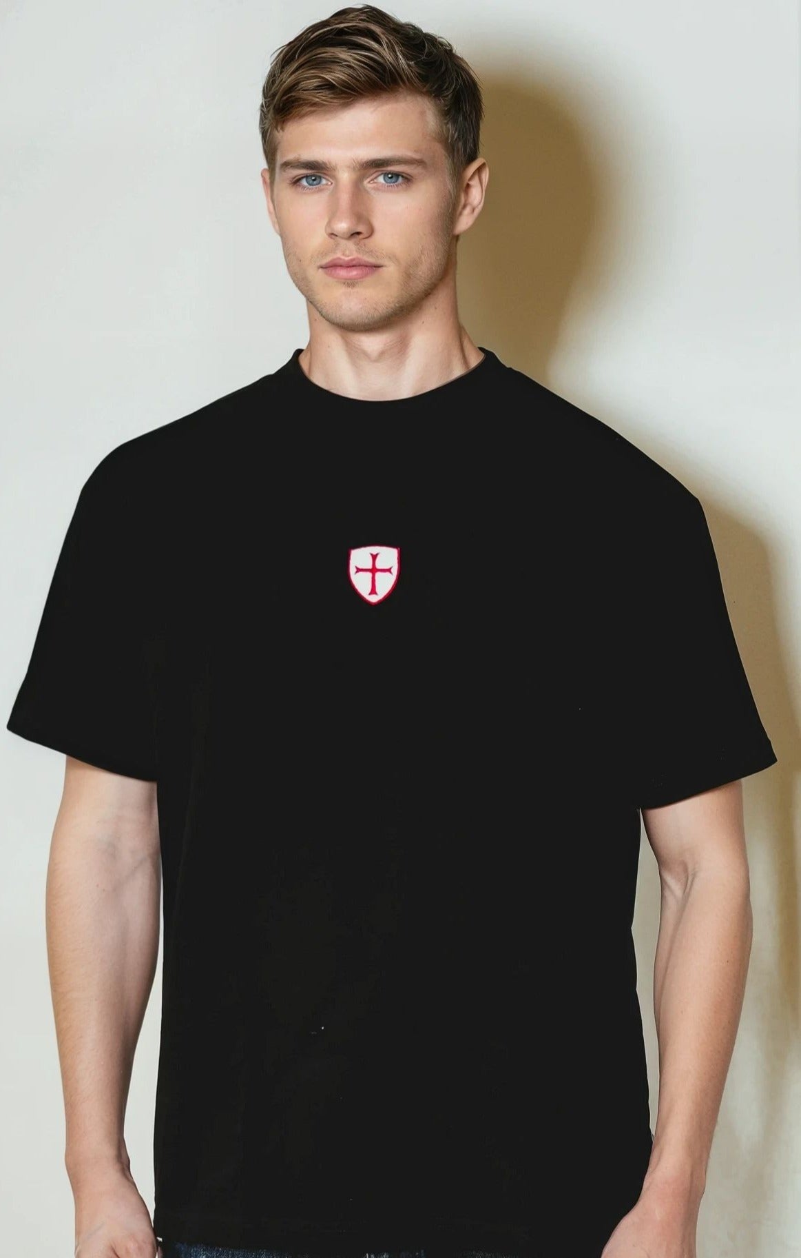 Black 260 gsm t-shirt with shield logo.