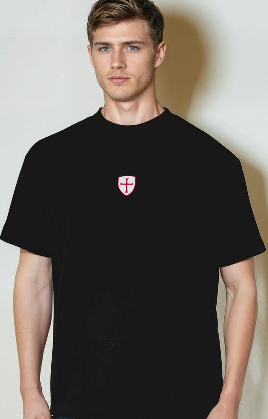 Black 260 gsm t-shirt with shield logo.