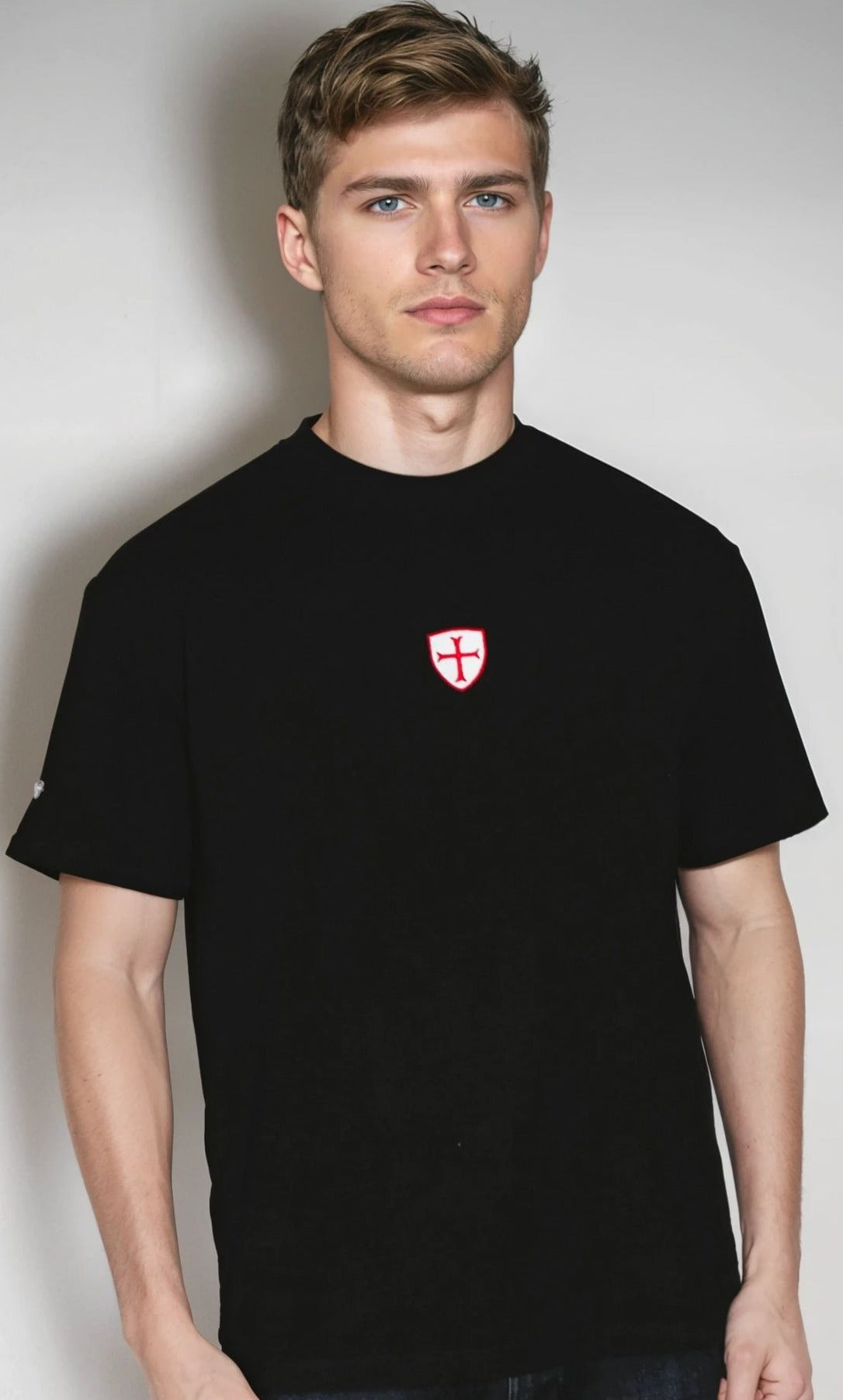 Black 260 gsm t-shirt with shield logo.