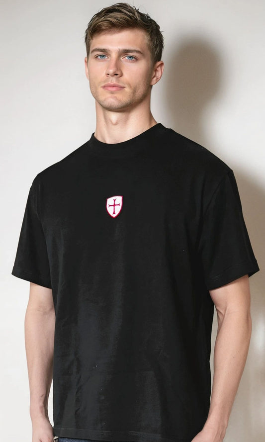 Black 260 gsm t-shirt with shield logo.
