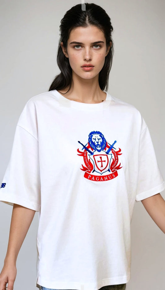 Person wearing a white t-shirt with a logo on a plain background