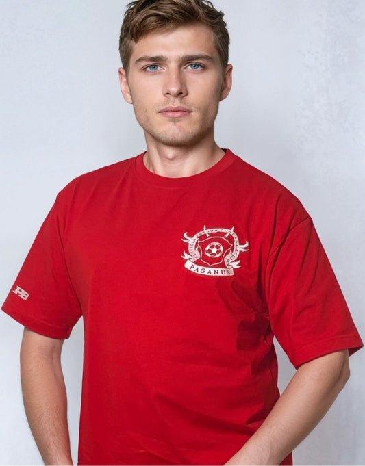 Man wearing a red t-shirt with a logo on a white background