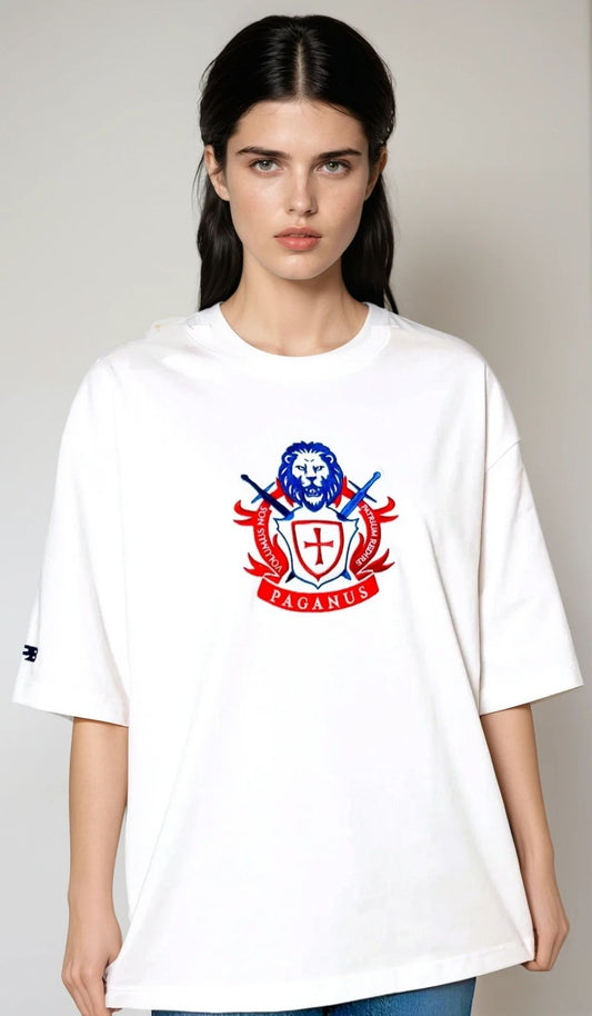 Model wearing a white t-shirt with a red and blue logo on a plain background
